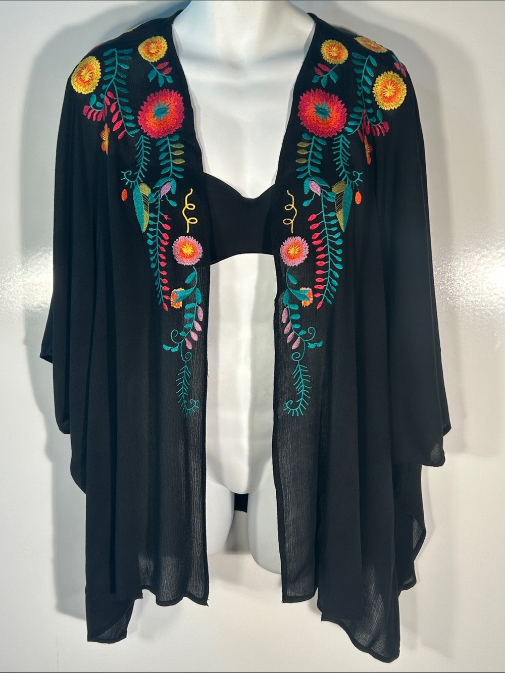 Umgee OSFM Black Kimono Embroidered Boho Chic Coverup Cottage Dark Coquette
